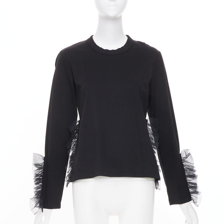 NOIR KEI NINOMIYA 2022 black cotton tulle ruffle trim side cutout blouse shirt M