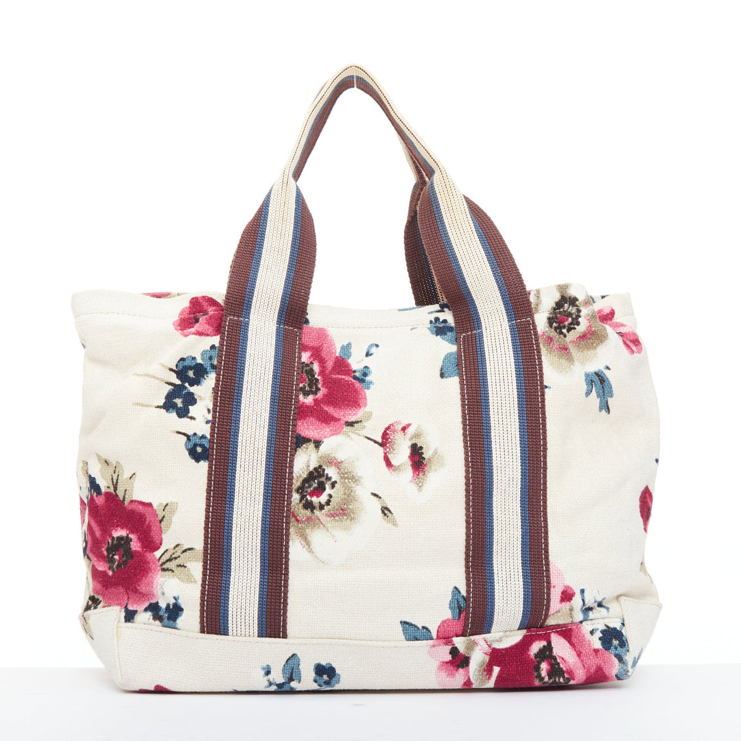 MARNI cream canvas pink floral print brown web trim casual tote bag