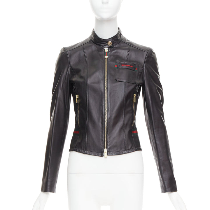GUCCI Vintage black leather green red web moto biker jacket IT38 XS