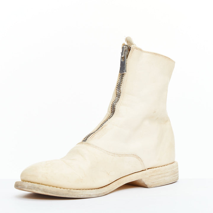 GUIDI cream full grain leather silver front zip combat boots EU39