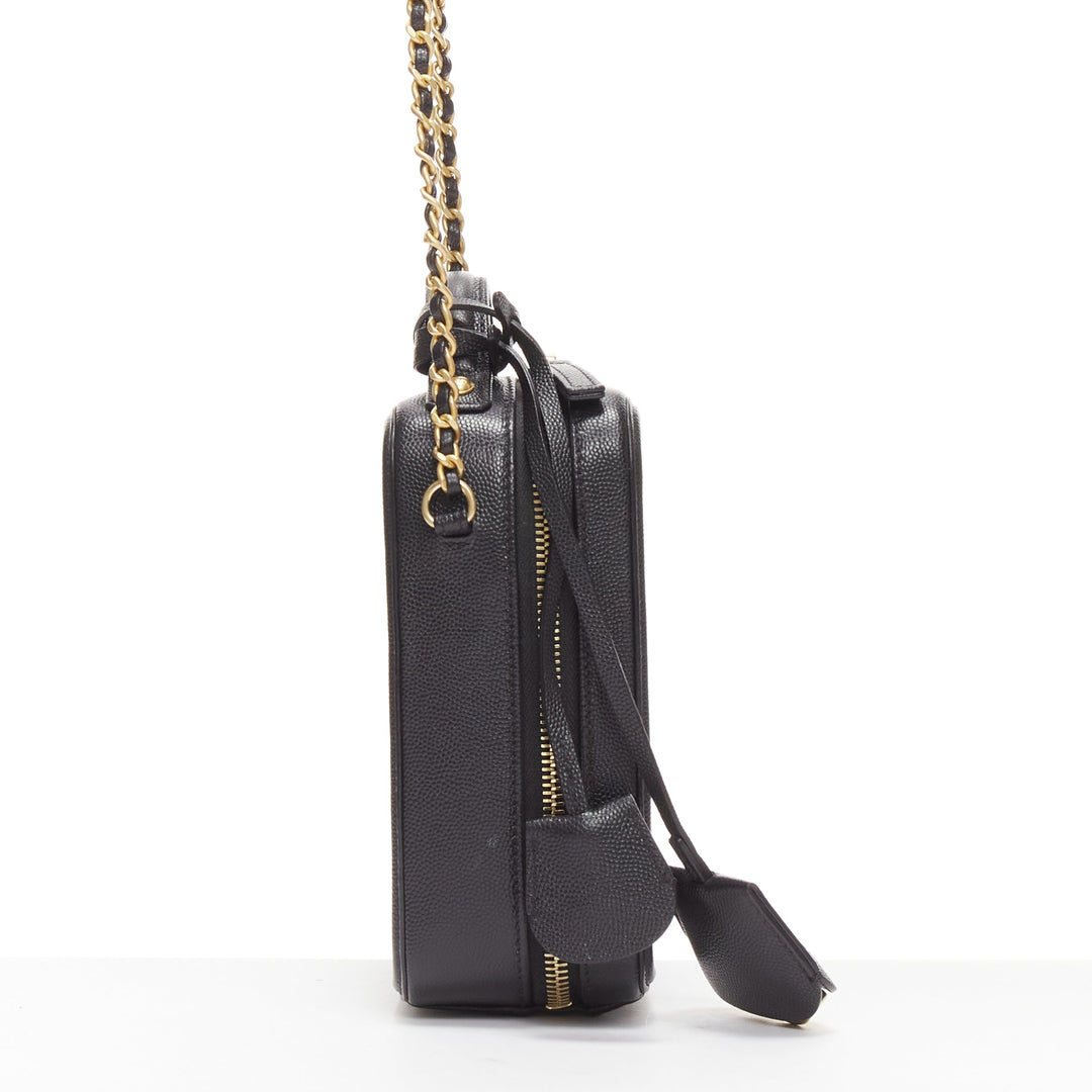 CHANEL N/S Vanity Vertical black filigree gold CC logo small crossbody bag