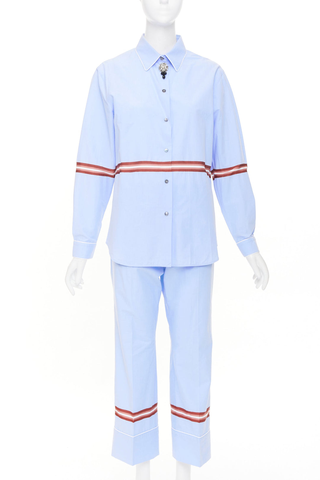 NO. 21 red stripe light blue cotton blend button shirt pants set IT42 M