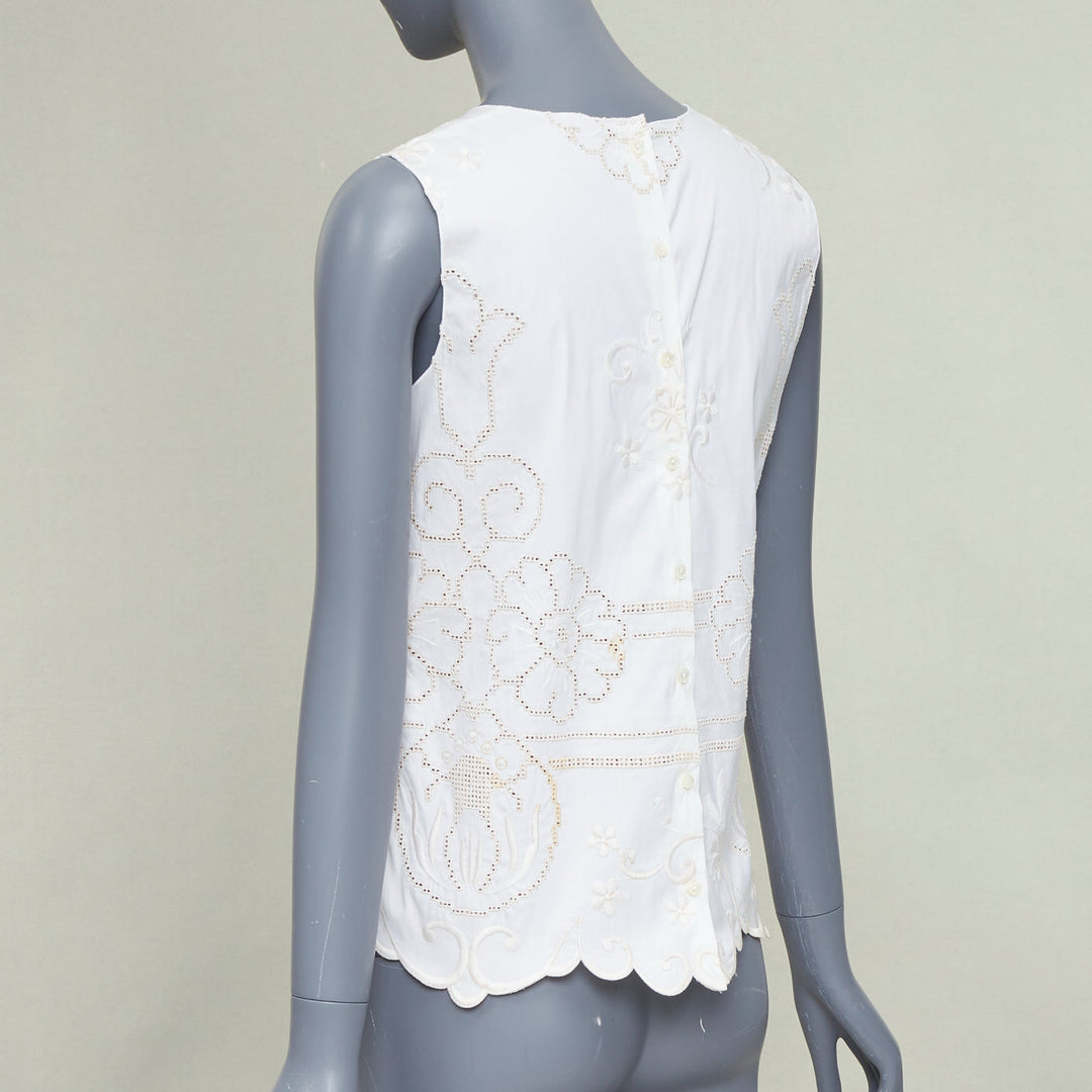 DOLCE GABBANA white cotton floral embroidered openwork scallop tank top IT38 XS