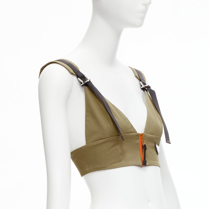 PRADA 2021 orange zip khaki green technical strap bra top IT40 S