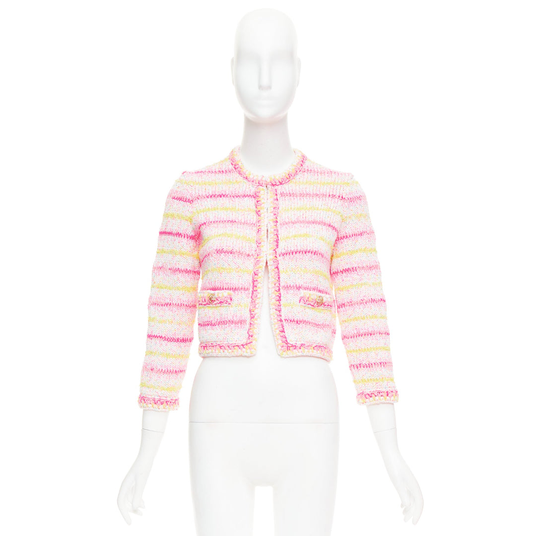 CHANEL 24C Coco Heart pink crochet tweed trim cardigan jacket FR34 XS