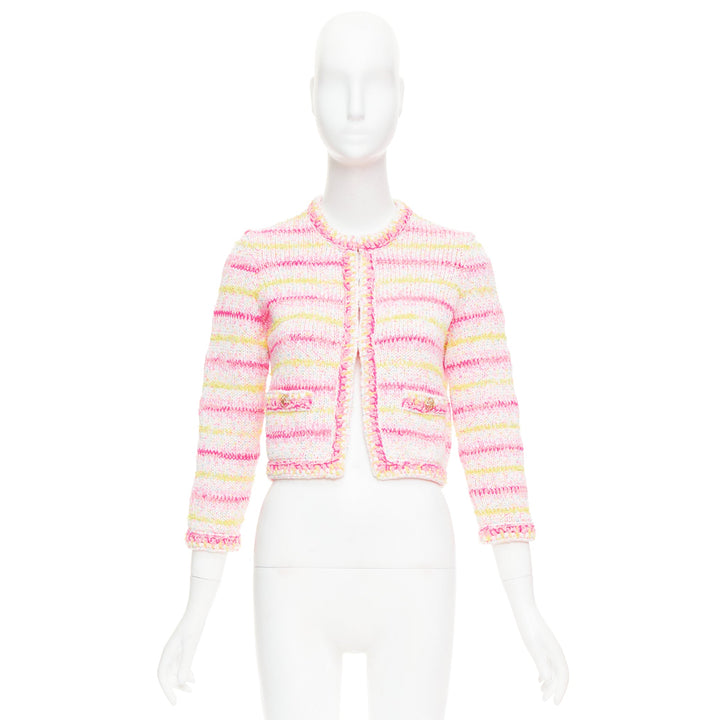 CHANEL 24C Coco Heart pink crochet tweed trim cardigan jacket FR34 XS