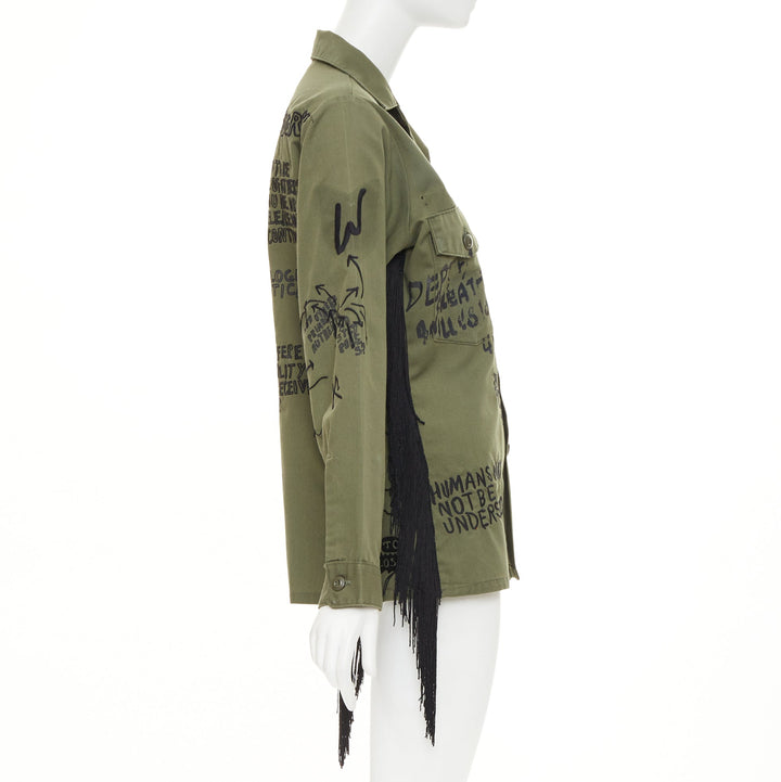 R13 2019 Repurposed Embroidered Surplus Fringe olive military shirt OS