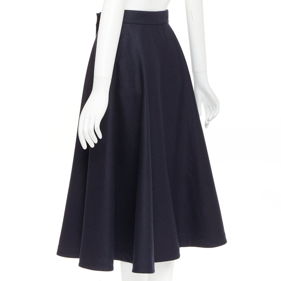 CELINE navy wool felt gold crest button wrap high waist midi skirt FR36 S