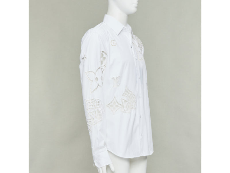 LOUIS VUITTON 2020 Runway Broderie Anglaise Flower Slim white LV eyelet shirt L