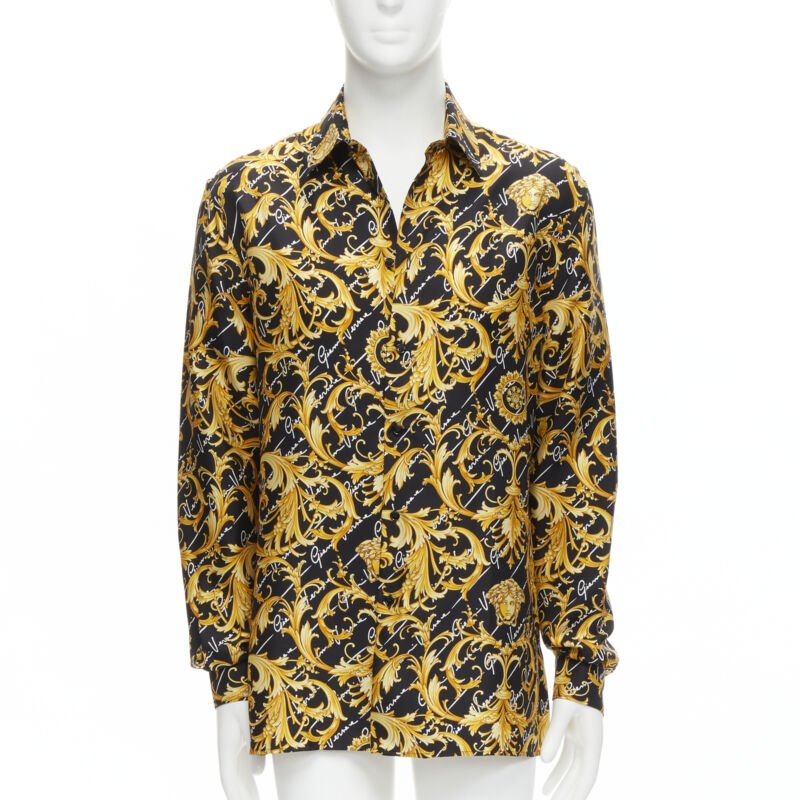 VERSACE 100% silk La Medusa Barocco Gianni Signature black gold shirt EU39 M
