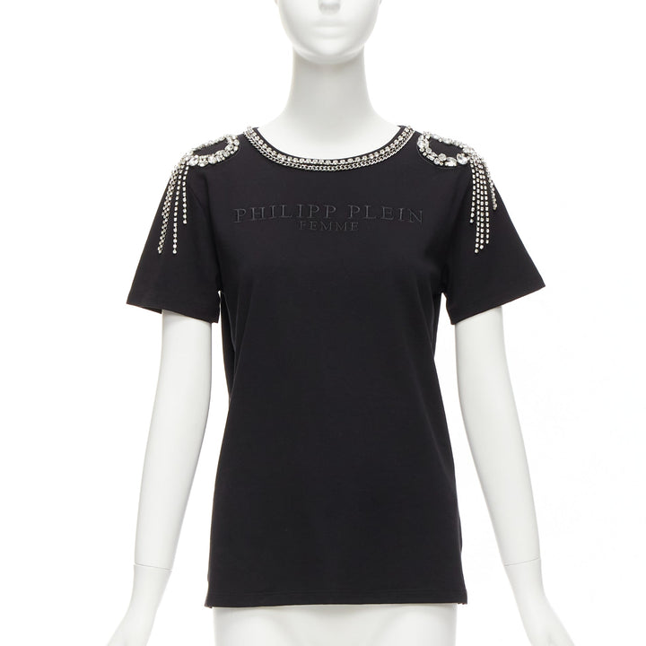 PHILLIP PLEIN black logo embroidery clear crystal fringe embellished tshirt XS