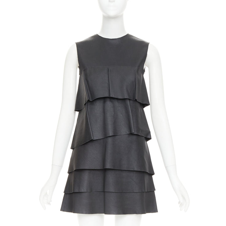 CELINE 2014 Phoebe Philo black lambskin leather crew tiered mini dress FR38 M