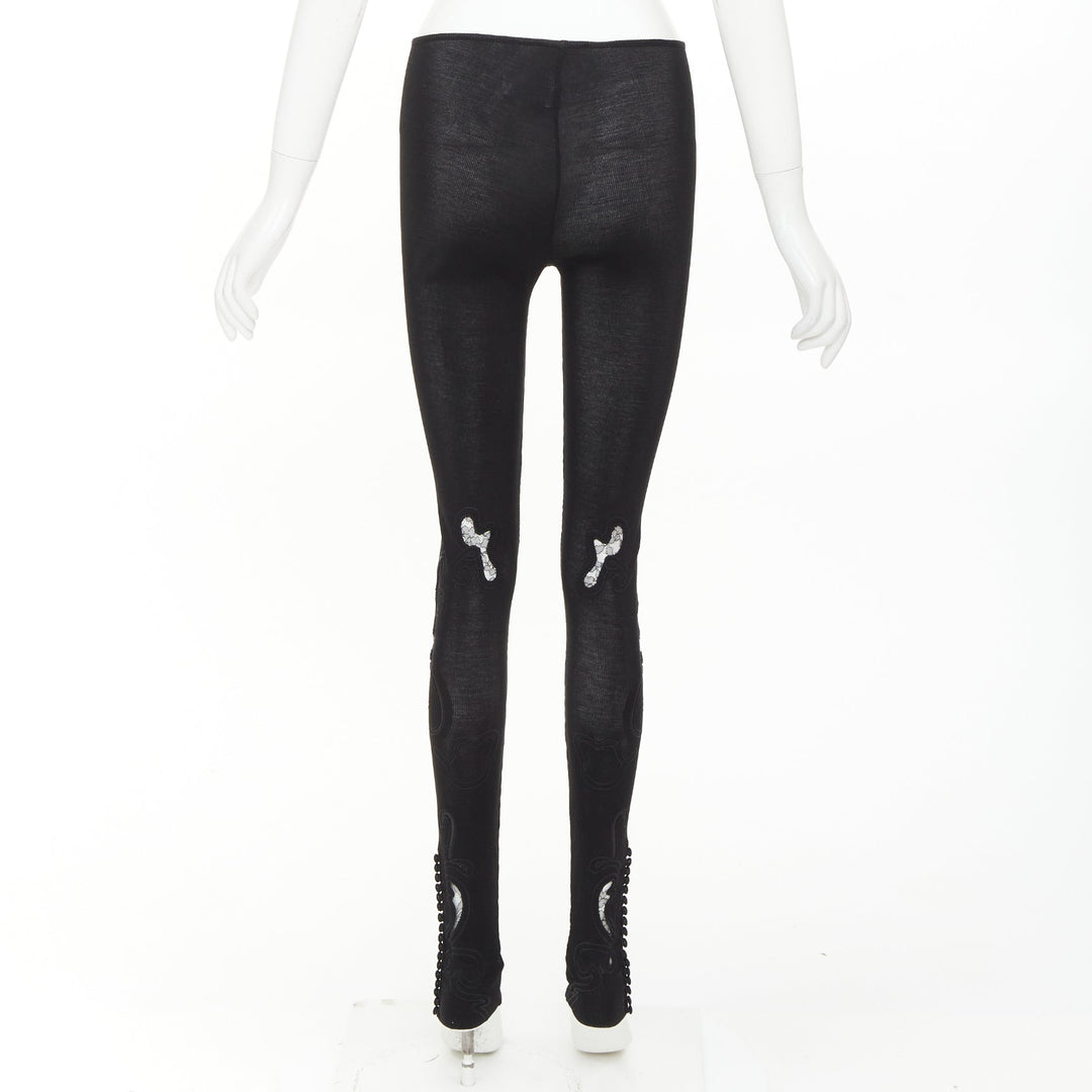 CHLOE 100% silk black lace embroidery cutout applique ribbed leggings XS