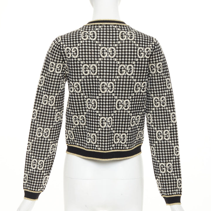 GUCCI 2019 GG Diamond black gold wool blend metallic web cropped cardigan XS