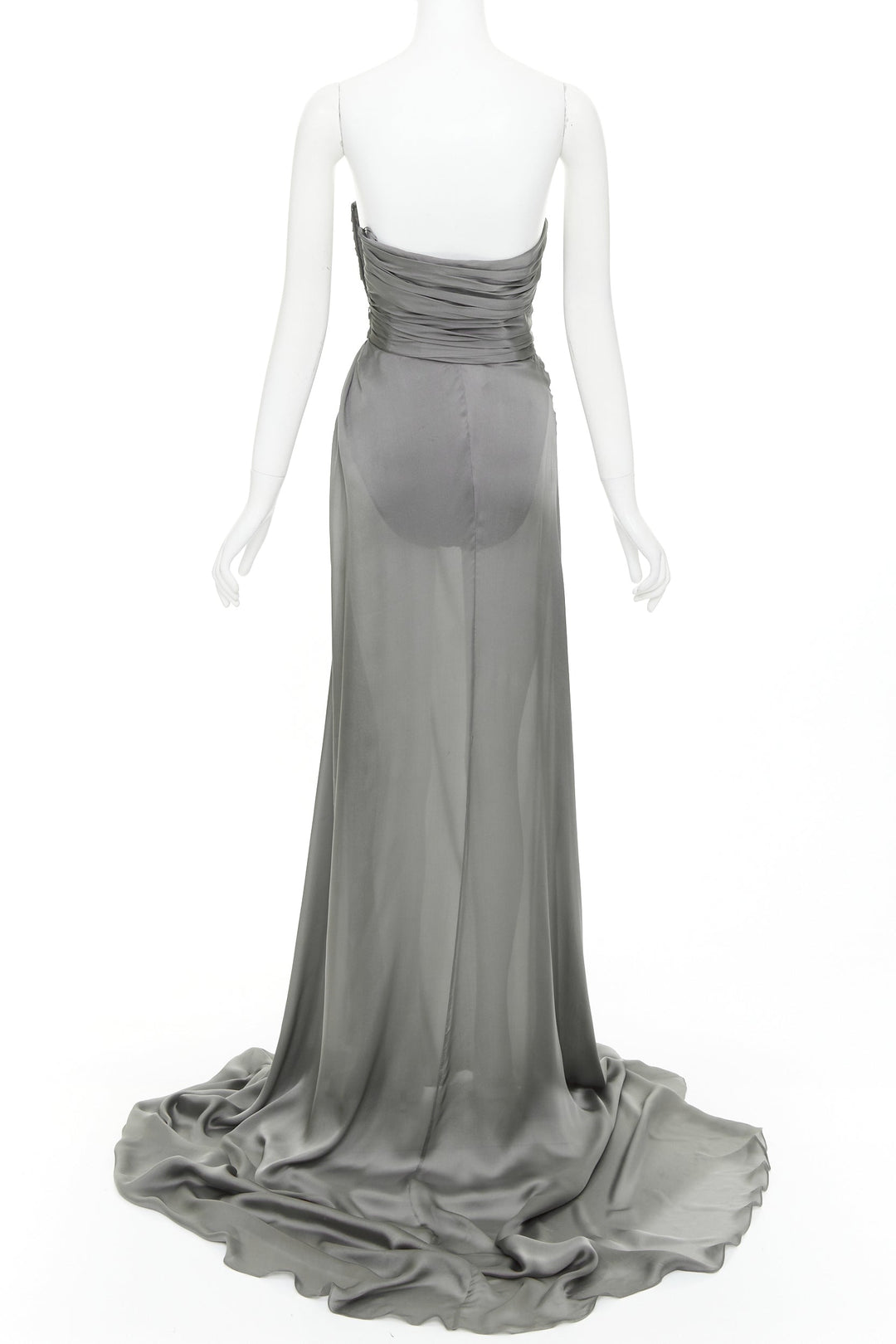 ALEXANDRE VAUTHIER COUTURE steel grey ruched draped strapless high slit gown