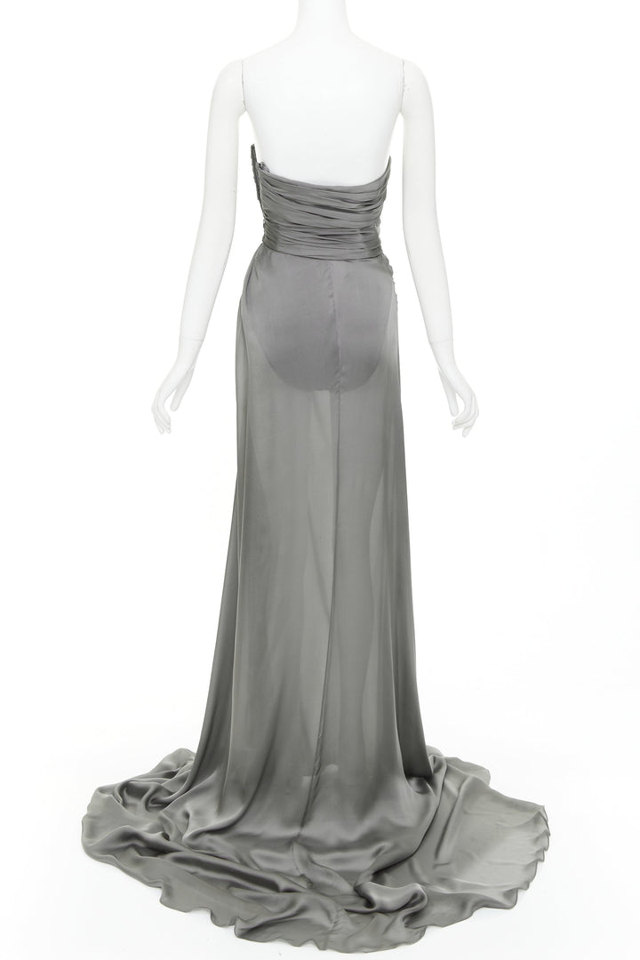 ALEXANDRE VAUTHIER COUTURE steel grey ruched draped strapless high slit gown