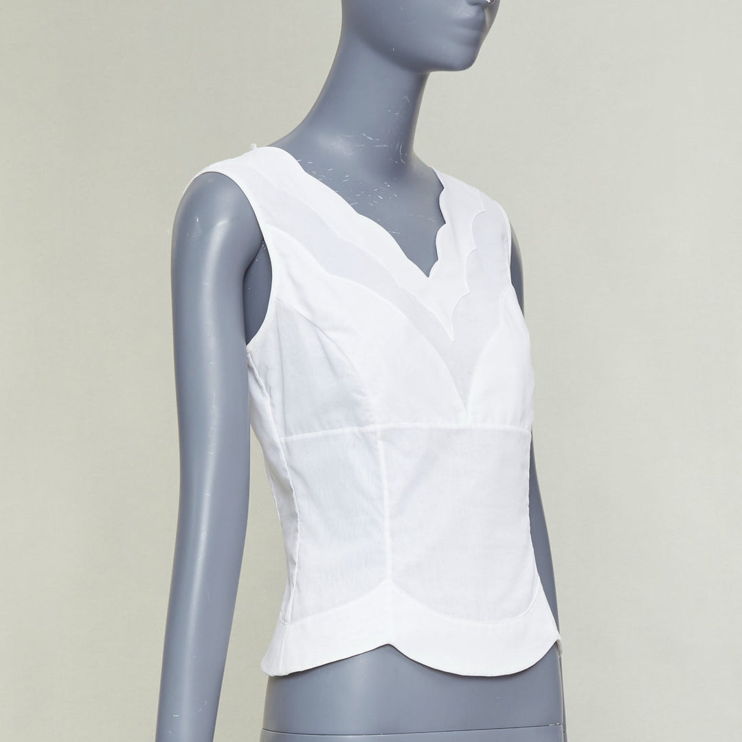 CHRISTIAN DIOR white cotton scalloped collar detail fitted vest shirt FR36 S