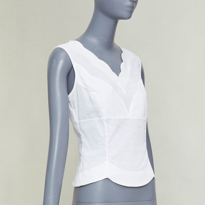 CHRISTIAN DIOR white cotton scalloped collar detail fitted vest shirt FR36 S