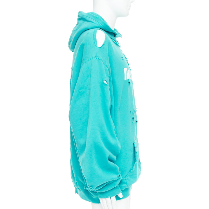 BALENCIAGA Demna 2020 teal destroyed ripped layered logo hoodie S