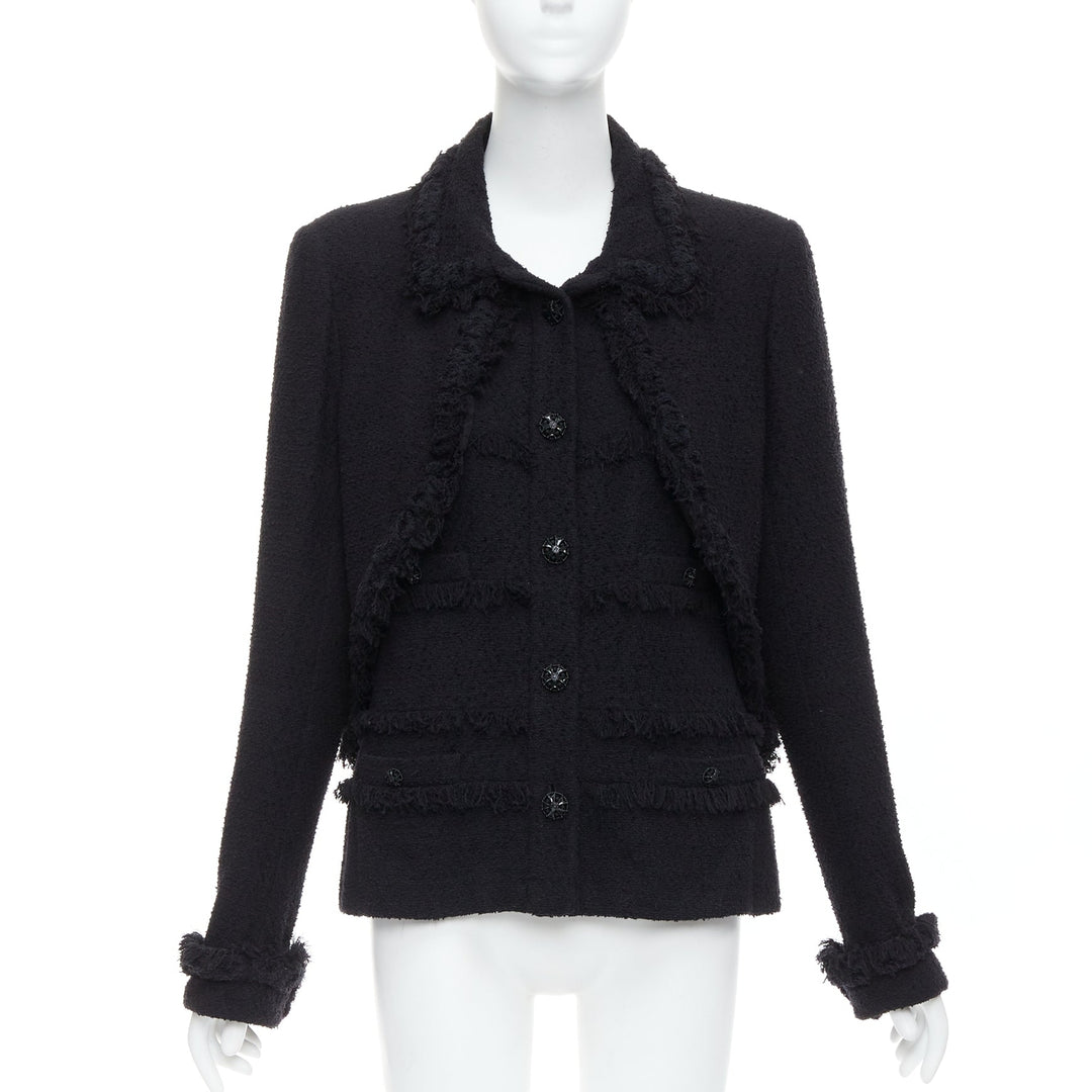 CHANEL 08A Runway black tweed braided fringe tromp loeil 4 pocket jacket FR46