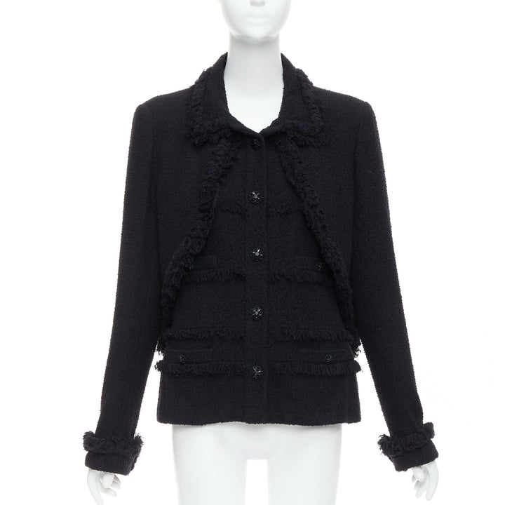 CHANEL 08A Runway black tweed braided fringe tromp loeil 4 pocket jacket FR46