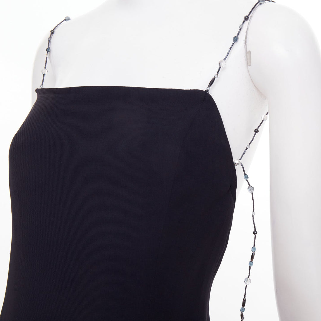 EMPORIO ARMANI Vintage beaded strap black square neck slip mini dress IT38 XS