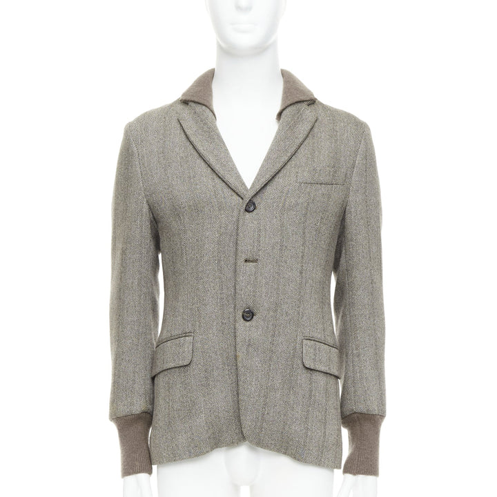 YVES SAINT LAURENT brown herringbone cashmere silk layered collar jacket FR48 M