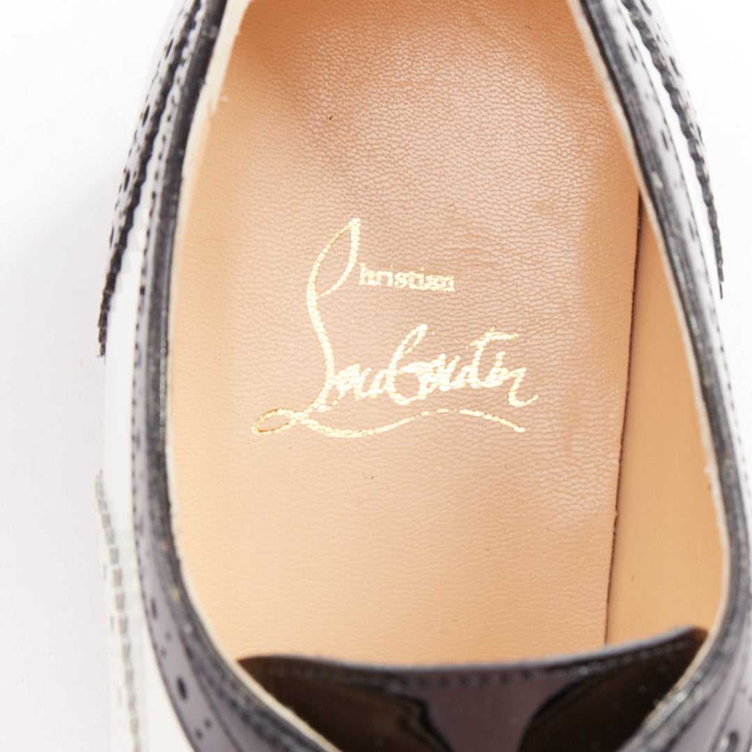 CHRISTIAN LOUBOUTIN Zazou Fiori Flat Patent black white point toe brogue EU38.5