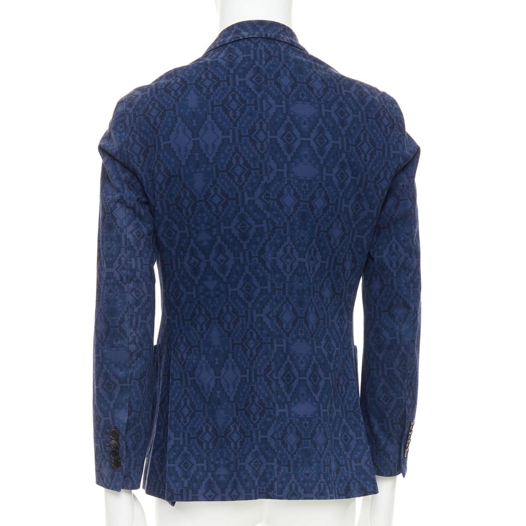 ETRO navy cotton blend aztec print single breasted fitted blazer IT48 M