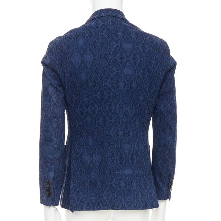 ETRO navy cotton blend aztec print single breasted fitted blazer IT48 M