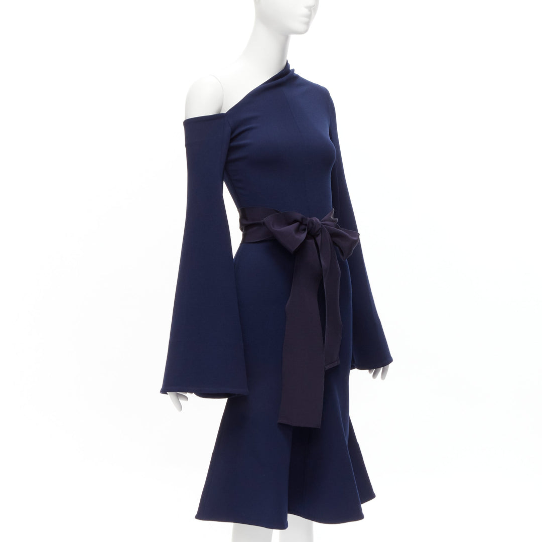 SOLACE LONDON Haso navy blue asymmetric stretch crepe bell sleeves dress UK4 XXS