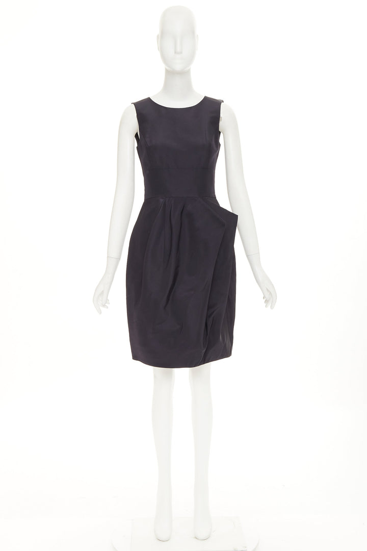 OSCAR DE LA RENTA R015 pleated side tulip skirt navy silk faille dress US0 XXS