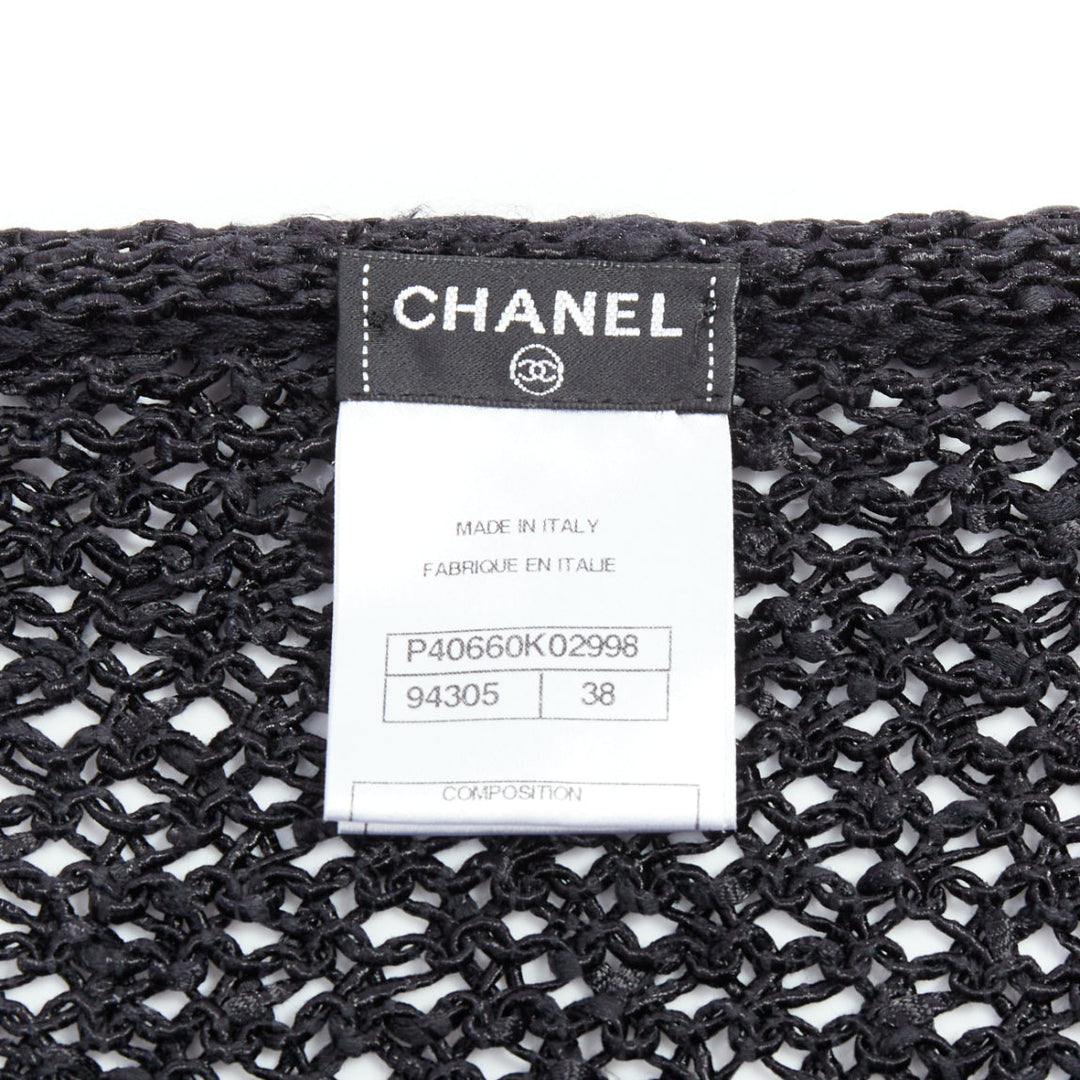 CHANEL 2004 black cotton blend CC chain link open knit cardigan FR38 M