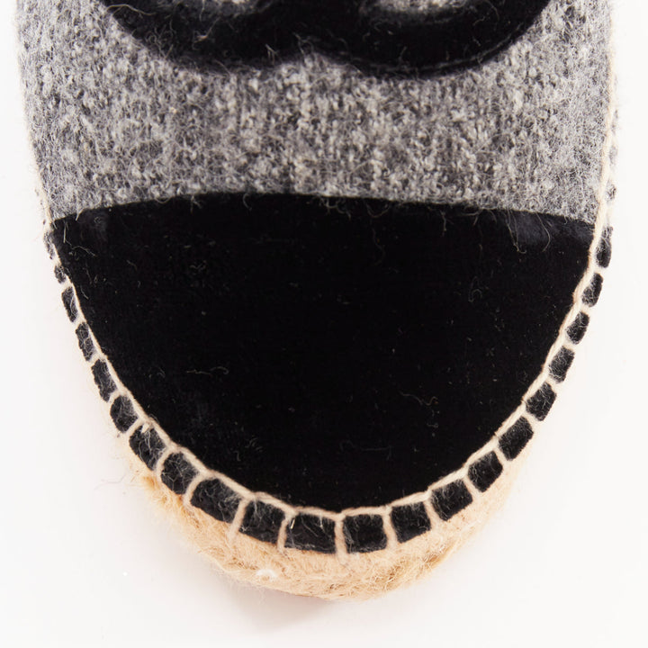 CHANEL 2021 grey wool felt black CC velvet applique espadrille flats EU39