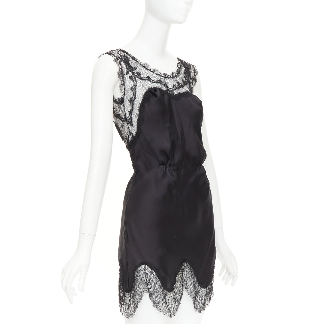 NINA RICCI Vintage black intricate lace trim 100% silk camisole dress FR36 XS