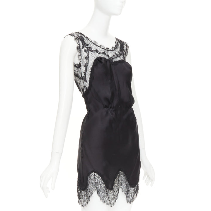 NINA RICCI Vintage black intricate lace trim 100% silk camisole dress FR36 XS