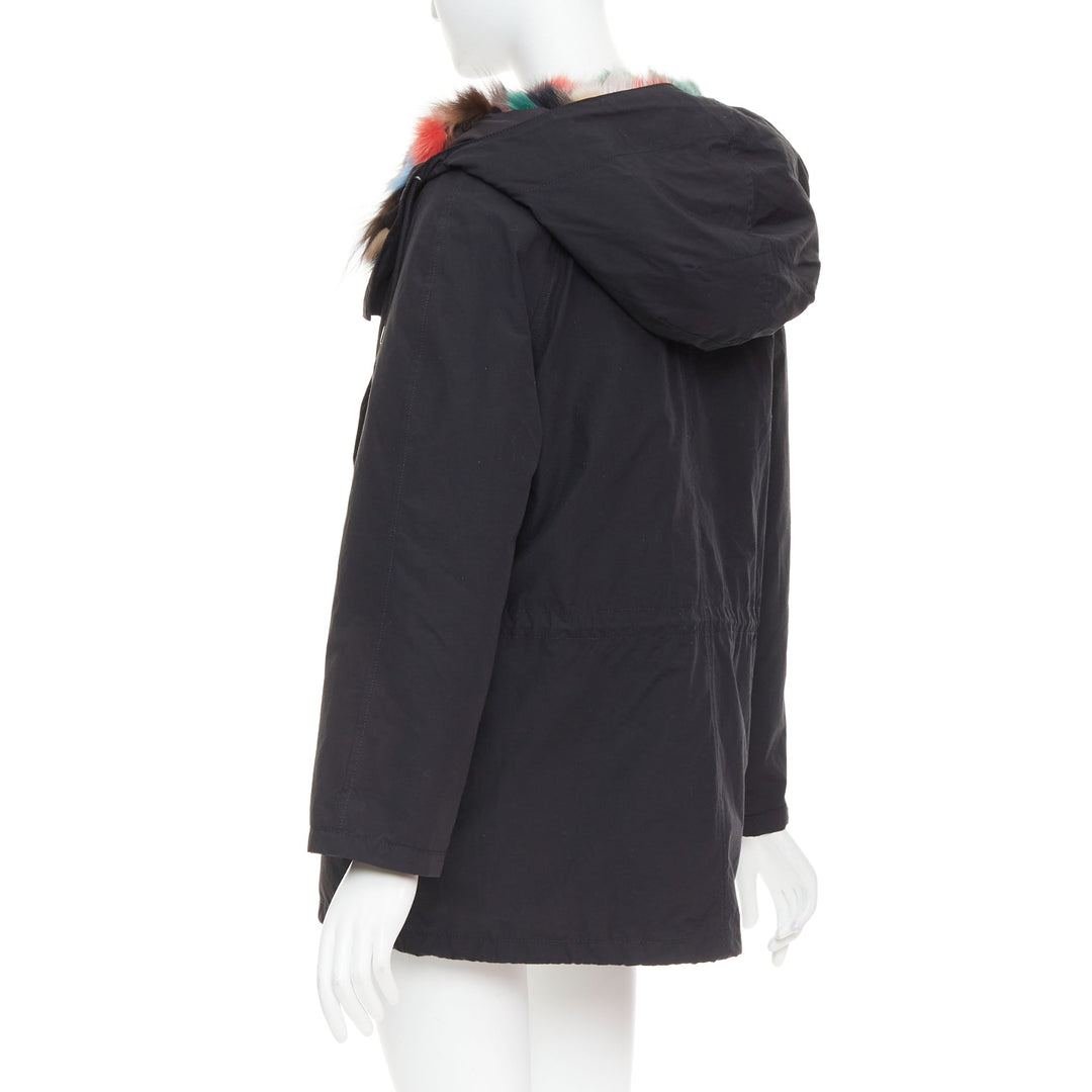 Black cotton detachable multicolour fox fur lined parka coat IT36 XXS