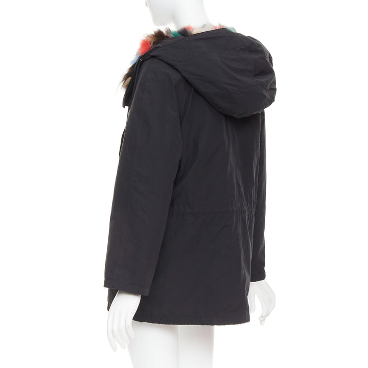 Black cotton detachable multicolour fox fur lined parka coat IT36 XXS