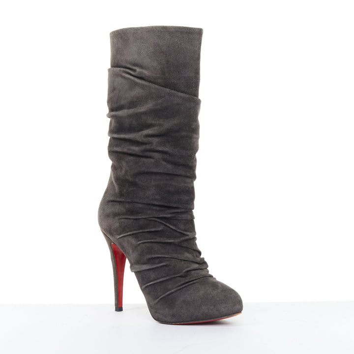 CHRISTIAN LOUBOUTIN Piros 120 charcoal gray suede ruched slouch boots EU37.5