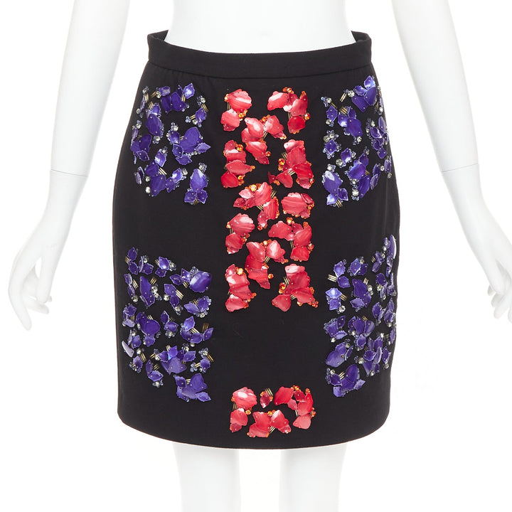 PETER PILOTTO black wool red purple mother of pearl embellished skirt UK10 M