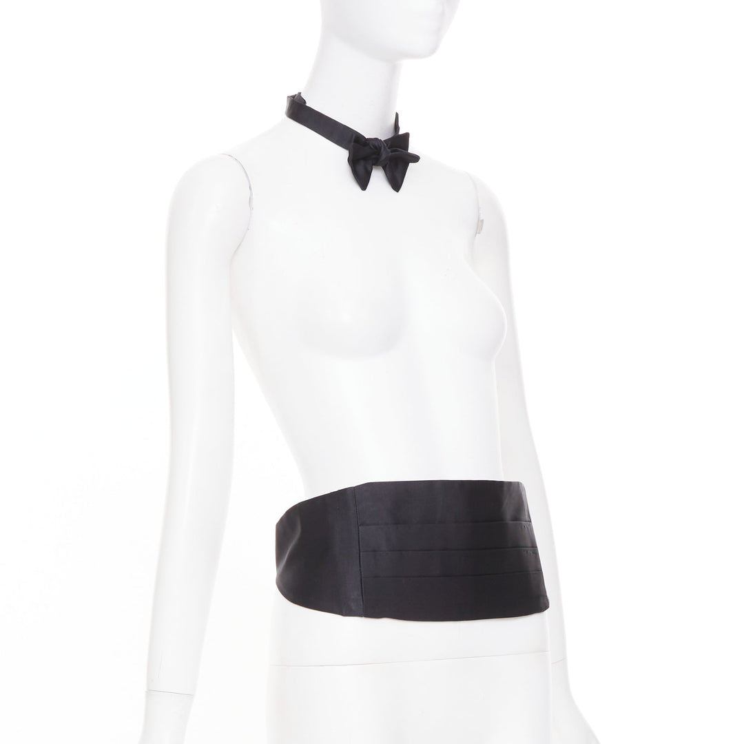 RALPH LAUREN Purple Label black satin silk pleated formal cummerbund bow tie set