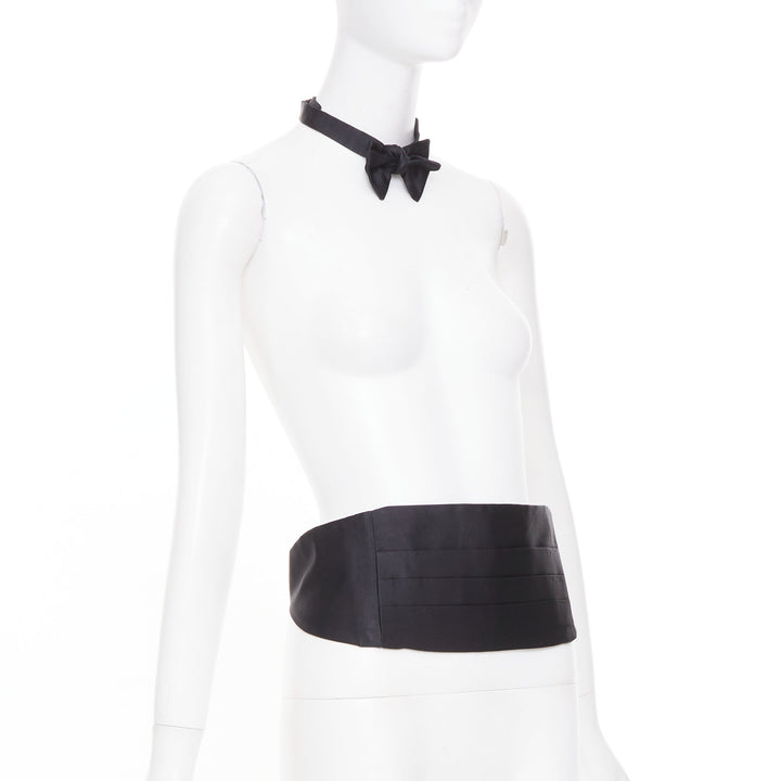 RALPH LAUREN Purple Label black satin silk pleated formal cummerbund bow tie set