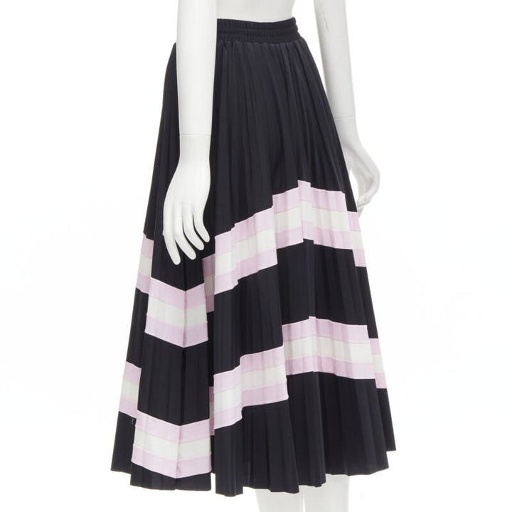 VALENTINO black pink stripes patchwork pleated toggle pleated midi skirt XS