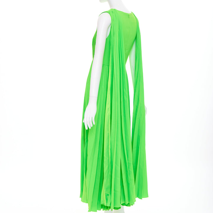 VALENTINO 2019 neon green accordion pleated caped shoulder crepe dress IT40 S