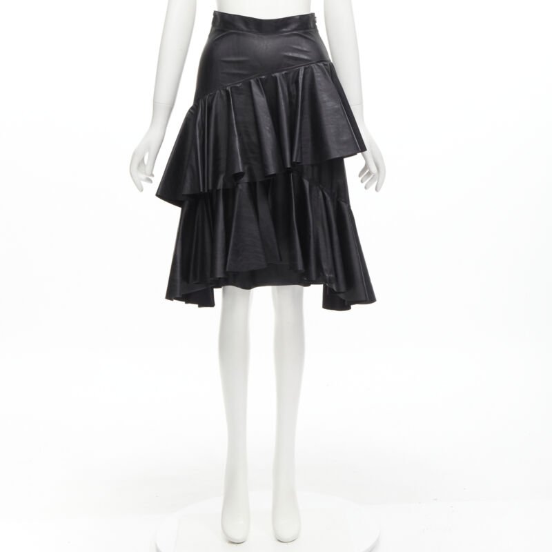 PHILOSOPHY DI LORENZO SERAFINI black faux leather asymmetric tier skirt IT38 XS