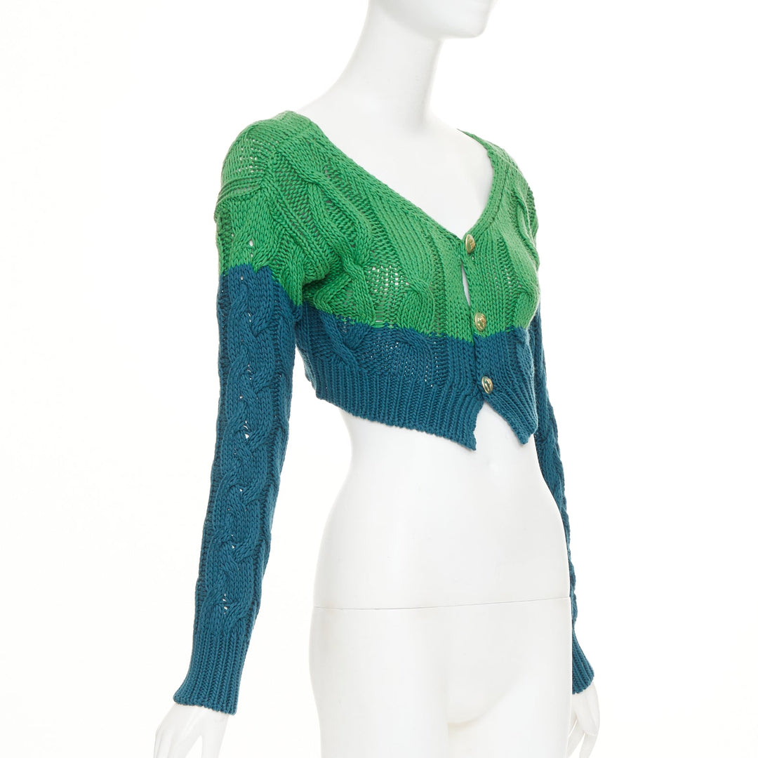 ETRO 2023 bicolor green teal cotton cashmere mixed cable knit cardigan IT38 XXS