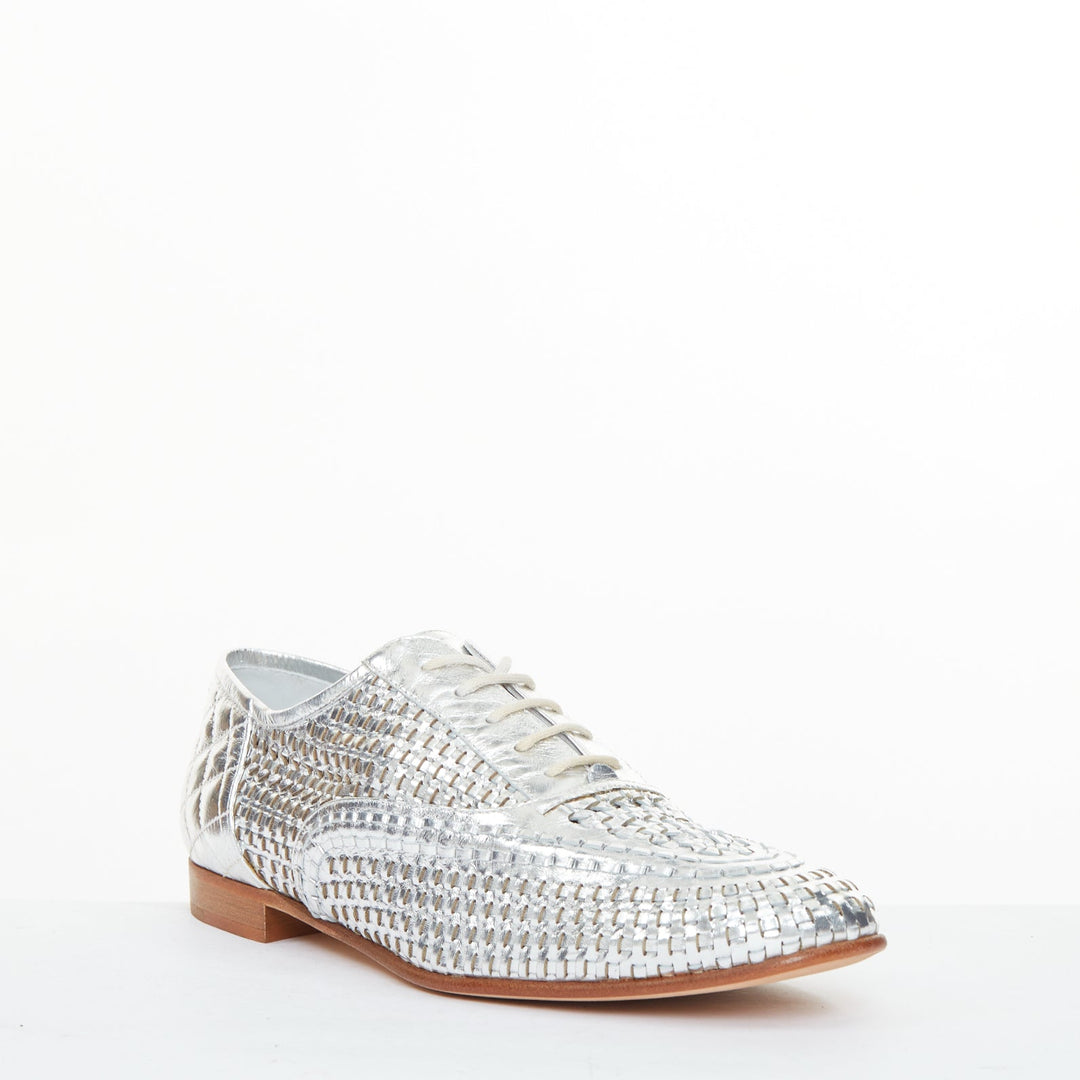 CHANEL 2016 interlocking CC metallic silver woven leather oxford EU39 US9