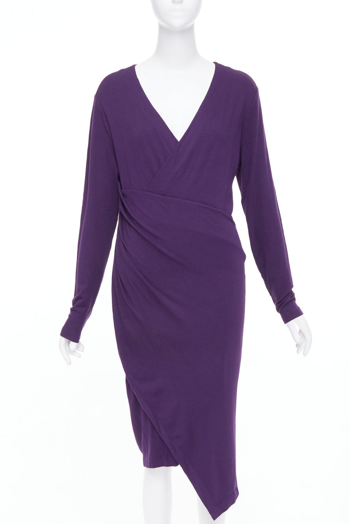 DONNA KARAN Surplice Neck Wrap purple jersey V neck drape dress L