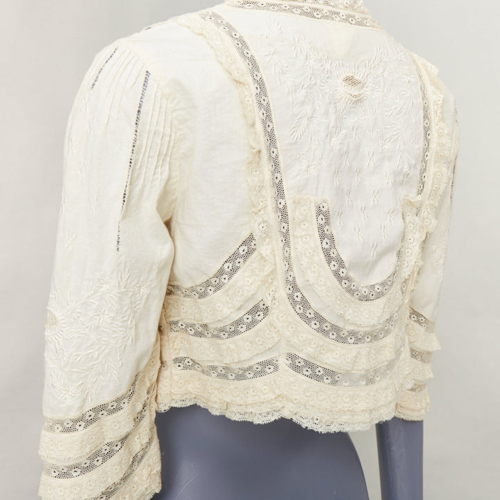 ANNA SUI cream cotton intricate lace floral embroidery ruffle trim bolero jacket