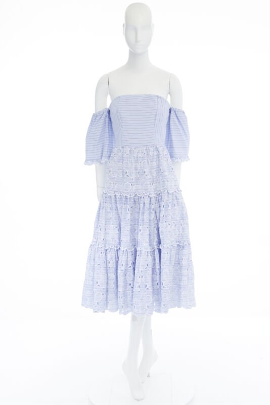 ERDEM Runway blue striped floral embroidery off shoulder cotton dress US6 M